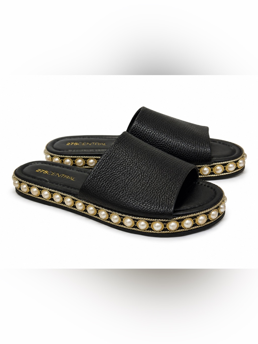 275 Central Black Pearl Embellished Slide Sandals Size 37 Glam Resort Slides